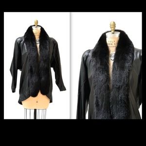 Vintage Black Fox Fur Collar Leather Coat Jacket